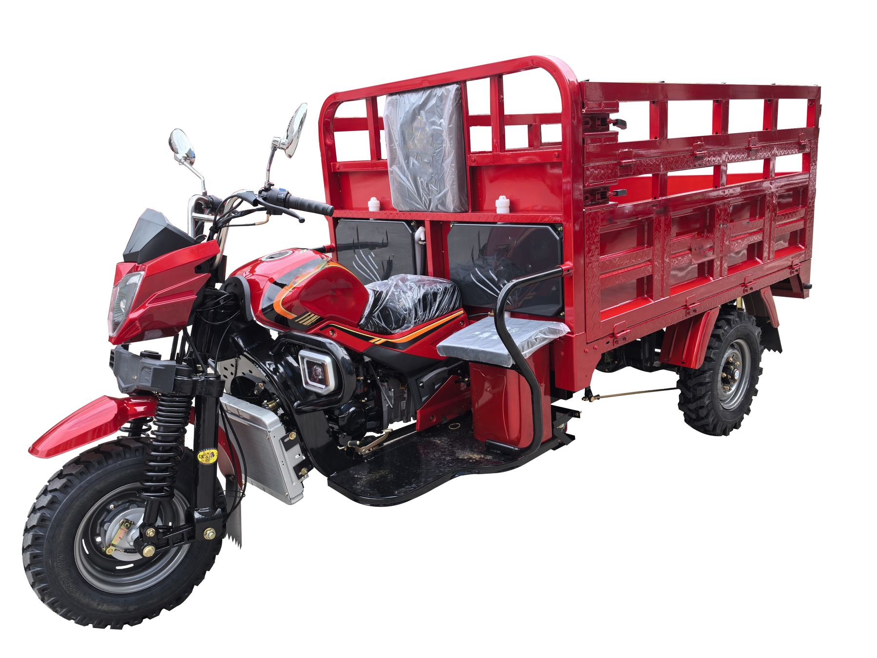 Red fuel cargo tricycle with heavy-load cargo bed